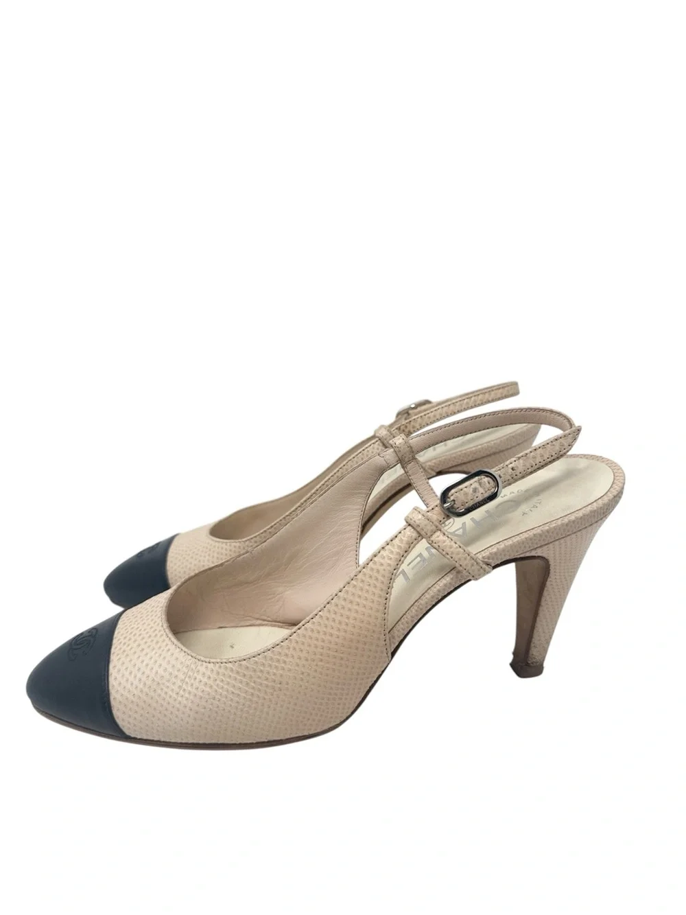 Chanel Cap Toe CC Rare Leather Lizard Slingback Beige Black Pumps Size 37.5